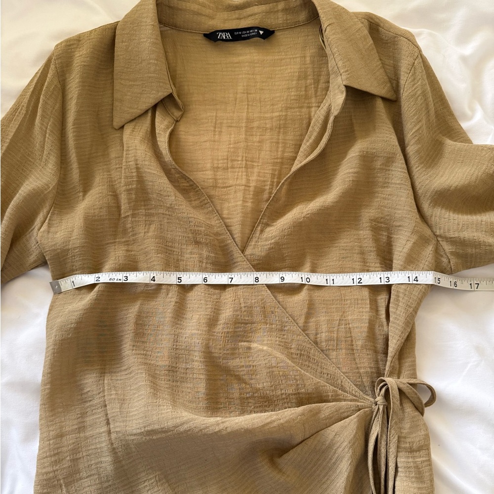 Zara Wrap Blouse Medium Rust Mustard Tie Waist Long Sleeve Collared Top - Picture 4 of 5